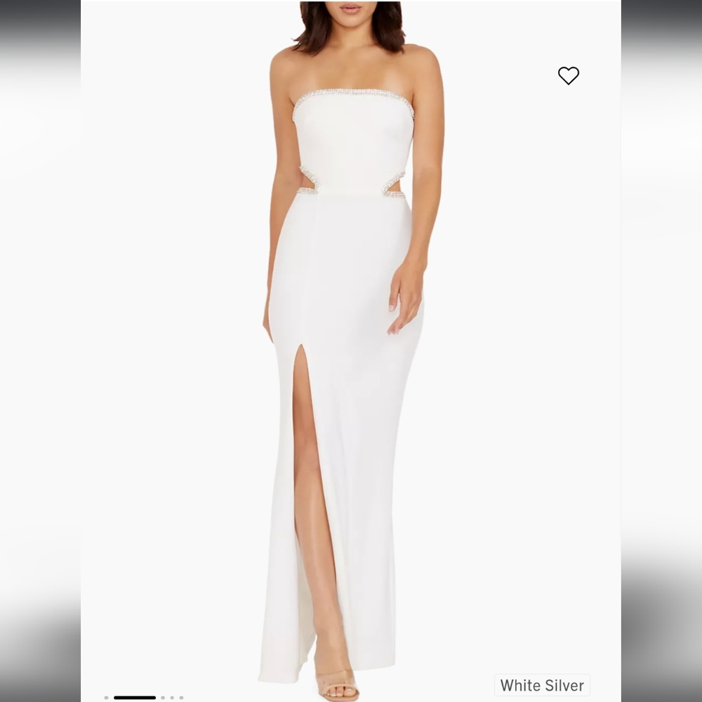Dress the Population White Strapless Cutout Maxi Dress with Silver Trim